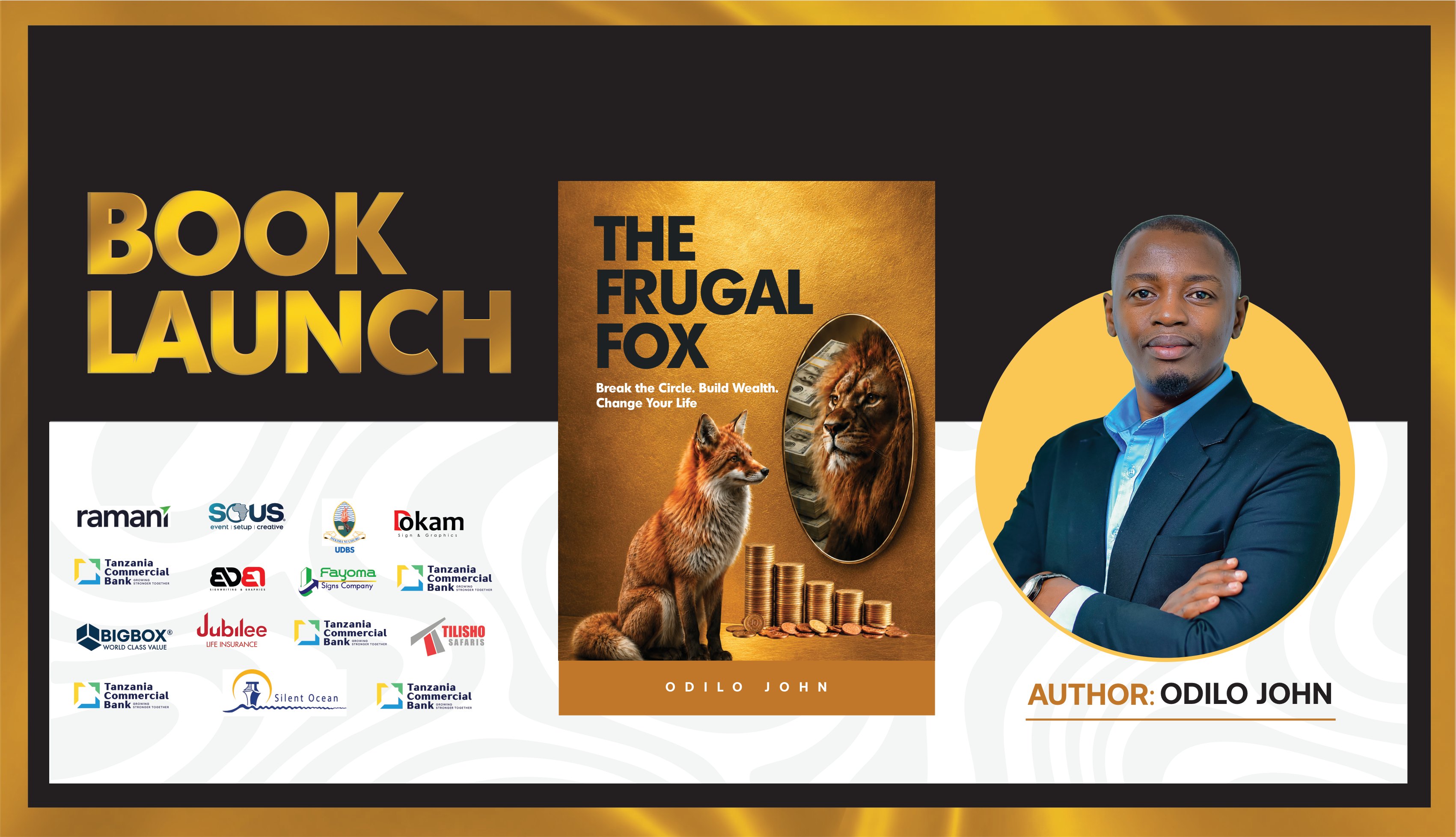 The Frugal Fox photowall banner with book cover, author, and sponsors