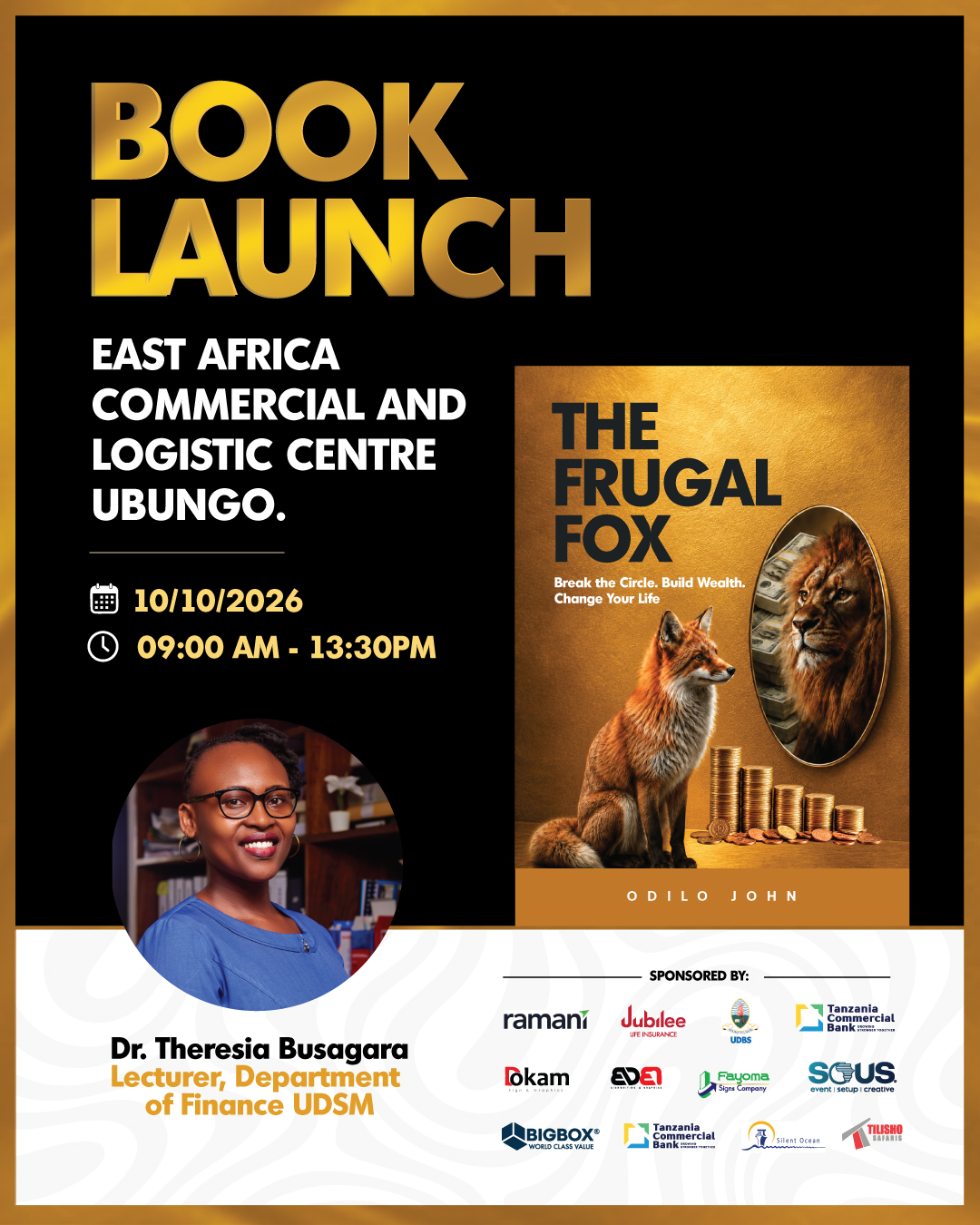 Book launch poster featuring Dr. Theresia Busagara